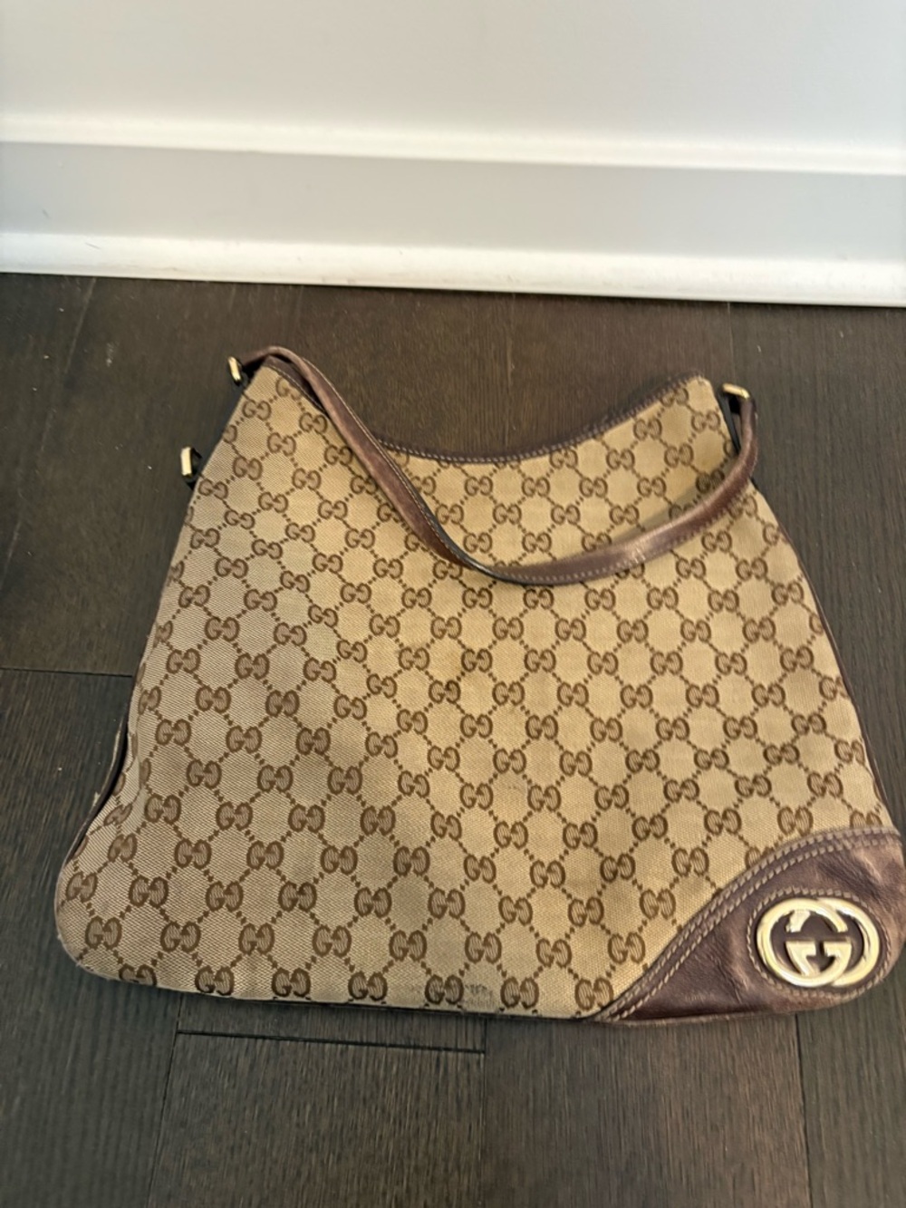 Gucci Beige and Brown GG Canvas Shoulder Bag with Gold-Tone Logo